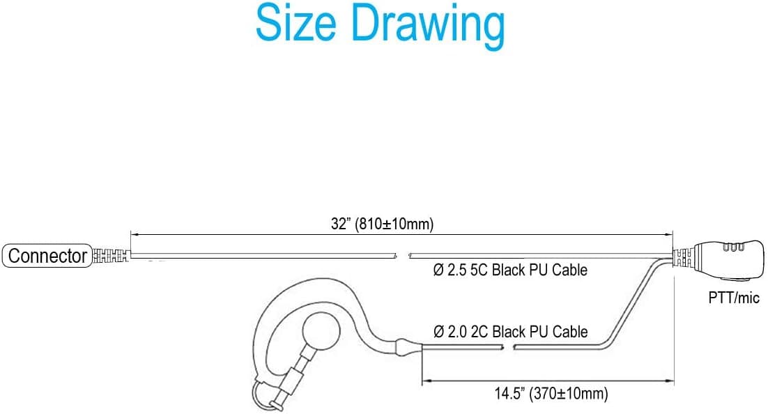 Single Wire Earhook Earpiece for Motorola Radios DLR1020 DLR1060 DTR410 DTR550 DTR600 DTR650 DTR700 RMD2070D RMM2050 RMU2040 RMU2080 RMU2080D RMV2080, Reinforced Cable, G Shape Ear Hook