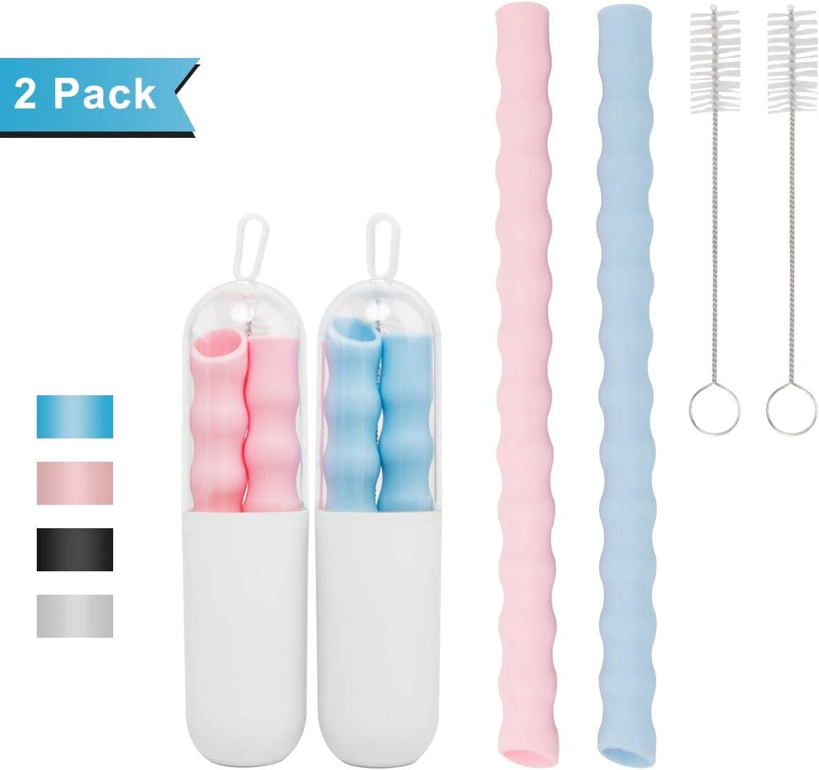 Extra Wide Silicone Drinking Straws, ENUOSUMA 2 Pack Extra Big Size Reusable Collapsible Straws with Carrying Case and Cleaning Brush for Travel Office Home, BPA Free, Pink & Blue 8.86''