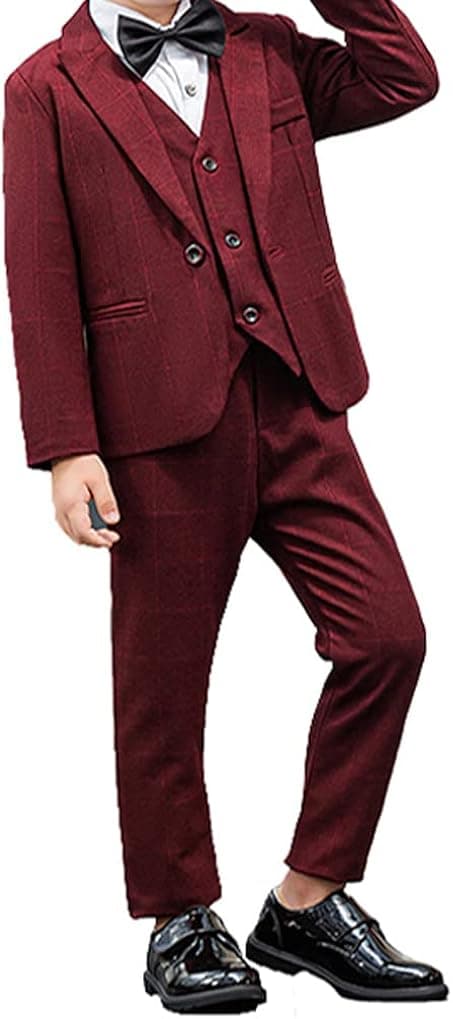 YUFAN Boys Formal Grid Suit Set 3-pcs Jacket Vest and Pants