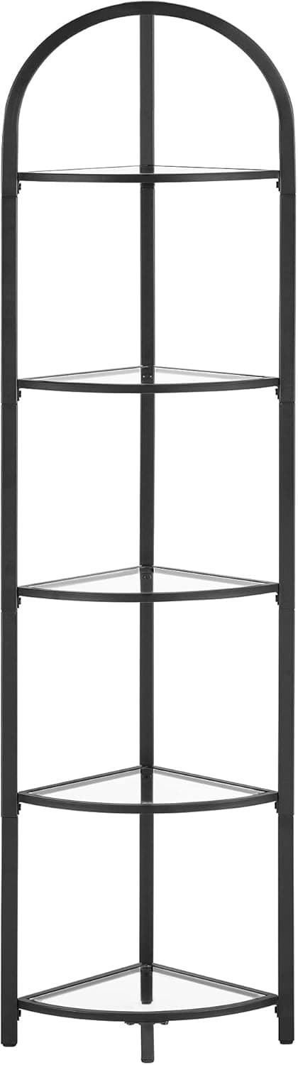 VASAGLE Corner Shelf Stand, 5 Tier Corner Bookshelf, Tempered Glass Shelves, Modern Style, Plant Stand with Steel Frame for Living Room, Bedroom, Kitchen, Bathroom, Black ULGT810B61