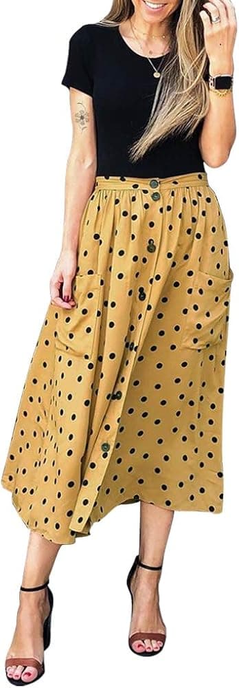 EXLURA Womens Polka Dot A line Elastic Waist Button Up Midi Skirt with Pockets