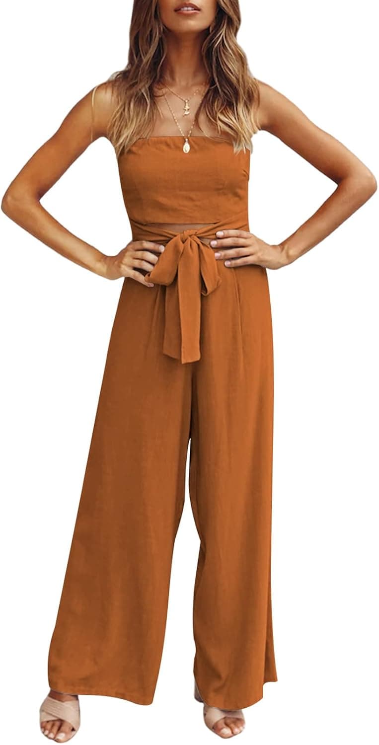 Fixmatti Women Off Shoulder Long Pant Romper Sleeveless High Waisted Wide Leg Jumpsuit with Belt Brown S