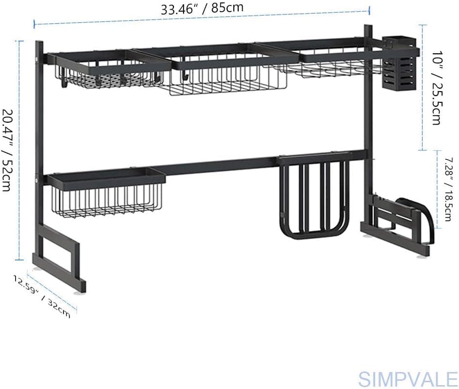 Over Sink Dish Drying Rack, Kitchen Shelf Storage Rack Countertop Space Saver Display Stand Dish Drainer Stainless Steel, Black