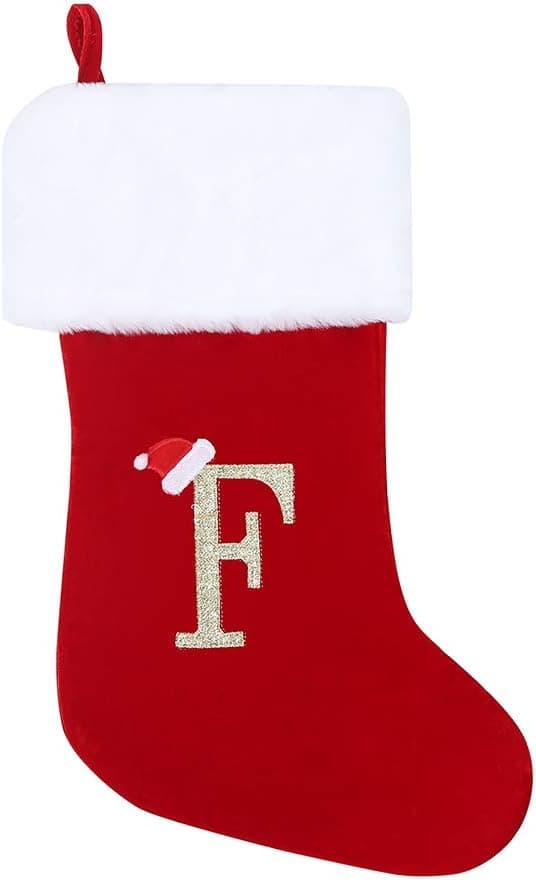Wlflash 20 Inches Super Soft Plush Monogram Christmas Stockings Xmas Rustic Personalized Stocking Embroidered Letter Decoration for Decor (F)