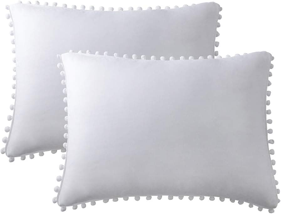 ApriLin Pompom Fringe Pillowcases, White Pillow Shams Double Brushed Microfiber Pillow Sham Pillow Cover Set Standard/Queen Size White