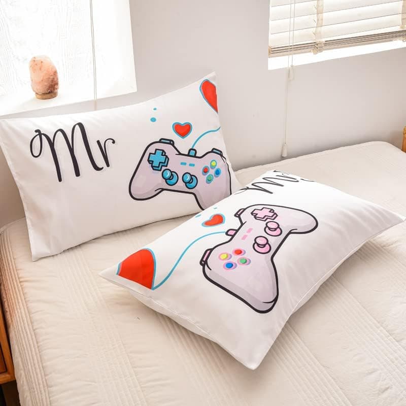 Ylehoc Couple Gaming Pillow Cases Set of 2 Gamepad Throw Pillow Covers White Gamer Video Game Pillowcases Decorative Bedroom Living Room Sofa 20"X26"