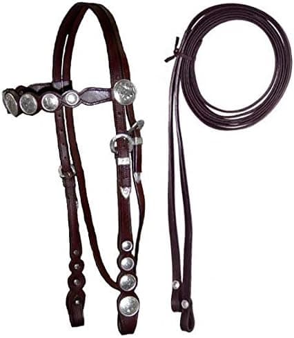 Tahoe Tack USA Leather Silver Concho Show Western Browband Headstall with Matching Reins & Breast Collar