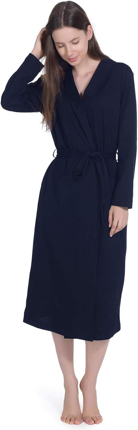 Indefini Women Kimono Robes Cotton Long Robe Knit Bathrobe Soft Sleepwear V-Neck Casual Ladies Loungewear, Size S-XL