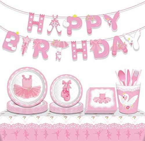 182PCS Ballerina Dance Birthday Party Supplies for Girls Kids Pink Ballerina Ballet Dancer Party Decorations with Dinner Plates, Cake Plates, Napkins, Cups,Balloons,Banner