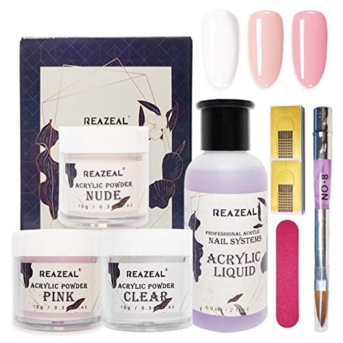 Acrylic Powder and liquid set with 3 Colors(Clear & pink & white), DIY Nail Art, Nail Extension, Non-Yellow Formula, Long-Wear, Reazeal