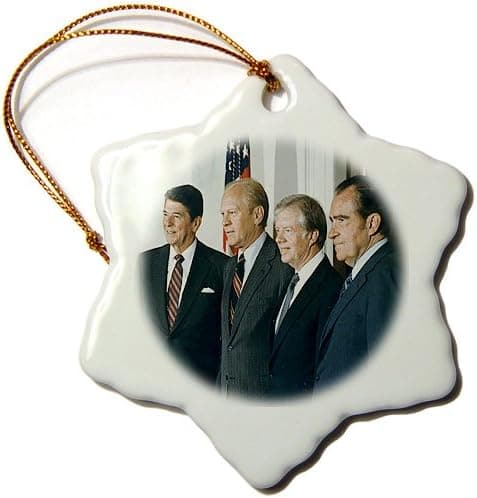 3dRose ORN_130873_1 Former Presidents Ronald Reagan, Gerald Ford, Jimmy Carter and Richard Nixon Snowflake Ornament, Porcelain, 3-Inch