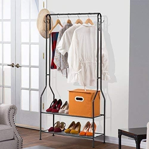 LANGRIA Heavy Duty Commercial Grade Clothing Garment Rack, 2-Tier Entryway Metal Coat Rack and Shoe Bench Storage Stand with Single Rod and 4 Hooks for Home Office Bedroom Max Capacity 66.1lbs, Black