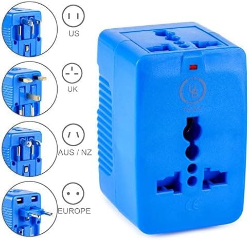 Yubi Power Dual Outlet Travel Adapter with 2 Universal Outlets - Built in Surge Protector and Neon Light Indicator - Foldable Prongs for Type A, C, G, and I Outlets | Works in 150+ Countries - Blue