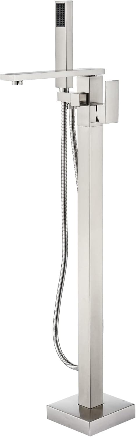 Votamuta Brushed Nickel Freestanding Bathtub Faucet Tub Filler Floor Mount Tub Faucets Single Handle Brass Tap with Handheld Shower 360° Swivel Spout