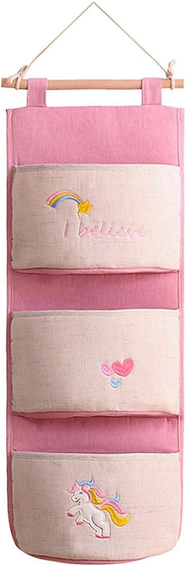 HOMEWINS Closet Wall Door Hanging Organizer Cotton with 3 Storage Bags Cute Animal Pattern for Home Bathroom Decoration Baby Products Organization (Pink Unicorn)