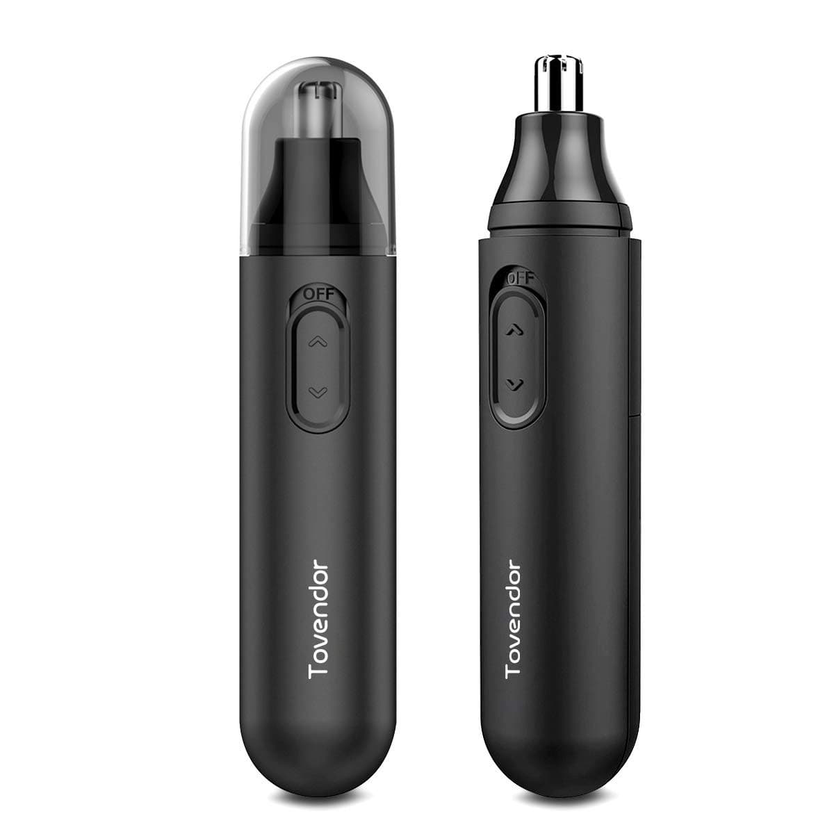 Tovendor High Power Nose Hair Trimmer with Double Edge Blade, Painless Ear Nose Trimmer Eyebrow Hair Remover for Men and Women, Waterproof Washable, Battery Powered, Black