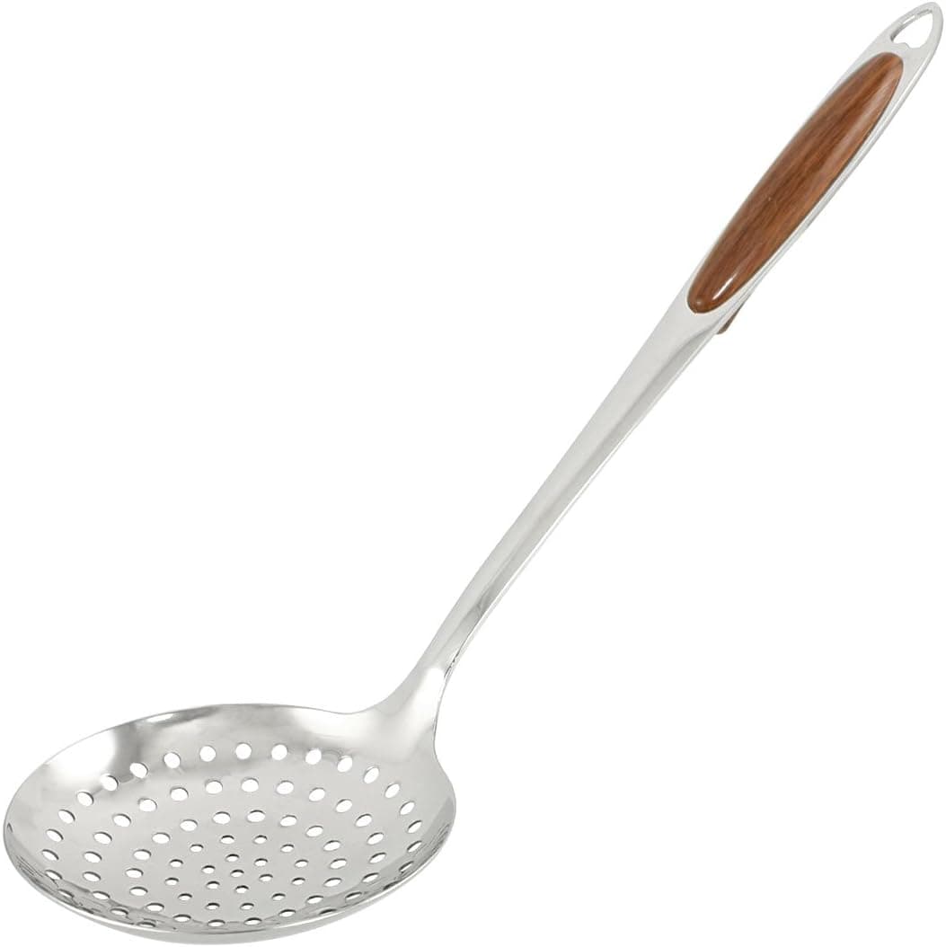 uxcell Wood Grain Coated Handle Stainless Steel Perforated Spoon Skimmer Strainer Ladle