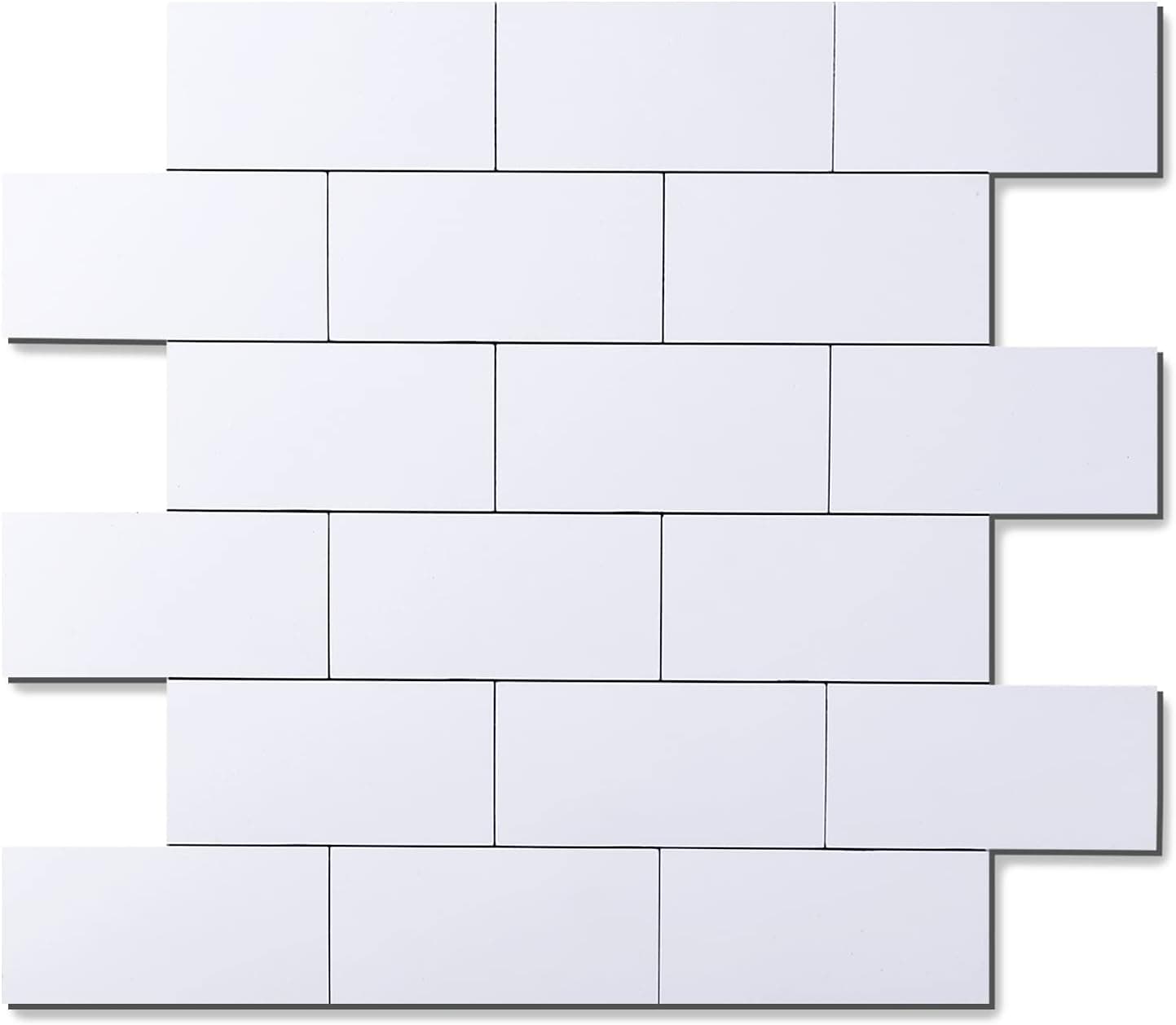 10-Sheet Subway Tiles Peel and Stick Backsplash, Self-Adhesive Kitchen Backsplash, PVC Stick Tiles for Temporary Walls, White Mono