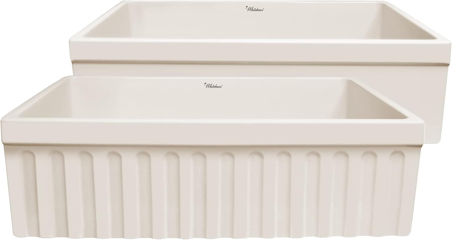 Whitehaus Collection WHQ330-BISCUIT 30 Quatro Alcove Reversible Fluted Front Aprond Decorative 2 1/2-Inch One 2-Inch Lip on Other Side, Biscuit Kitchen Fireclay Sink