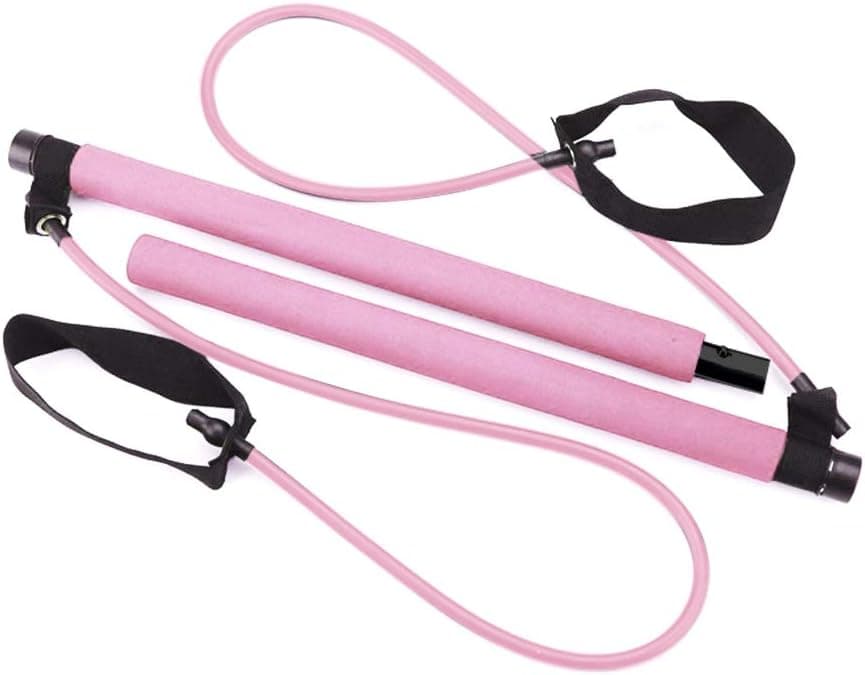 Greymond Portable Pilates Bar Kit Yoga Pilates Stick Muscle Toning Bar with Resistance Band, Home Gym Pilates Yoga Exercise Bar with Foot Loop for Total Body Workout (Pink)