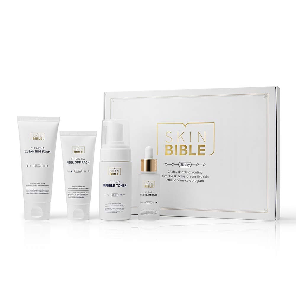[SKINBIBLE] At Home Skin Care Facial Kit for Sensitive Skin, EWG Green - Clear HA Cleansing Foam, Clear HA Peel Off Pack, Clear Bubble Toner, Clear Hydro Ampoule (4 Piece Set)