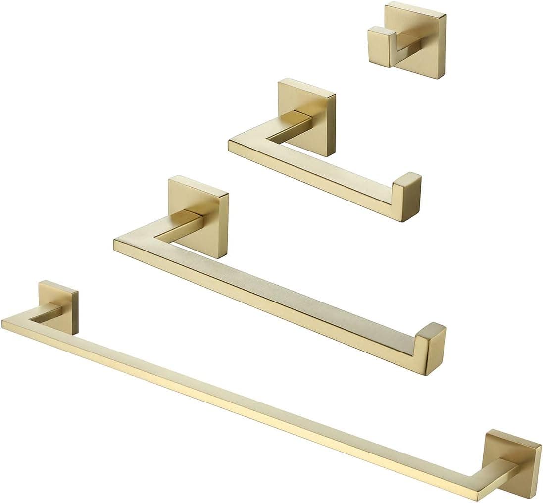 Kenivix 4-Piece Bathroom Hardware Set Towel Bar Toilet Paper Holder Robe Hook Towel Ring Stainless Steel Wall Mount Accessories Set Brushed Gold