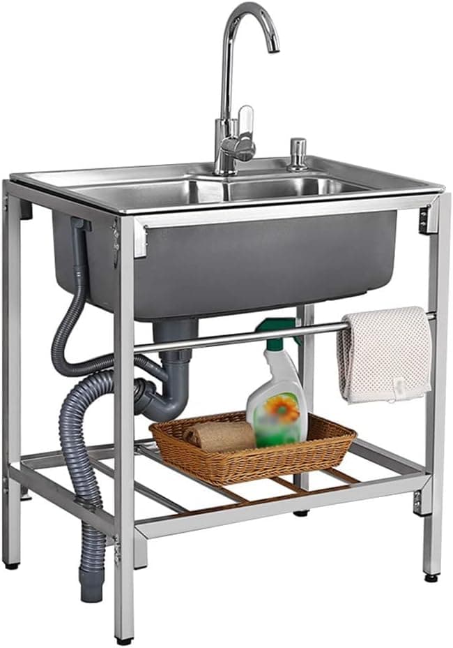 Outdoor Sink for Washing, Stainless Steel Commercial Kitchen Prep & Utility Sink for Laundry/Backyard/Garage, with Drainboard, 1 Compartment (Size : Sinks Kit with Cold Faucet)