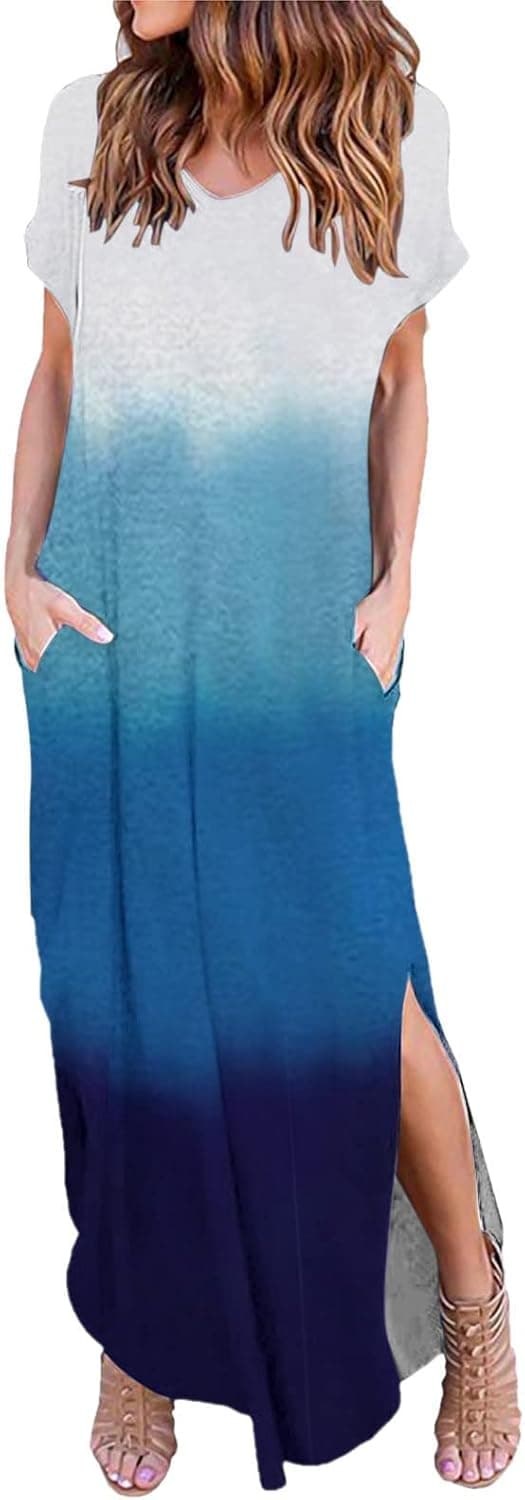 Summer Dresses for Women 2022, Women's Maxi Dress Gradient Printed Beach Casual Sundresses Loose Long Shirt Dresses