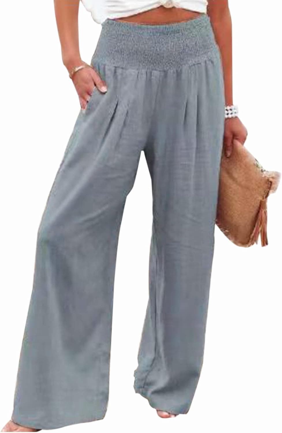RAMOUG Women's Linen Pocketed Smocked High Waist Wide Leg Pajama Lounge Palazzo Pants