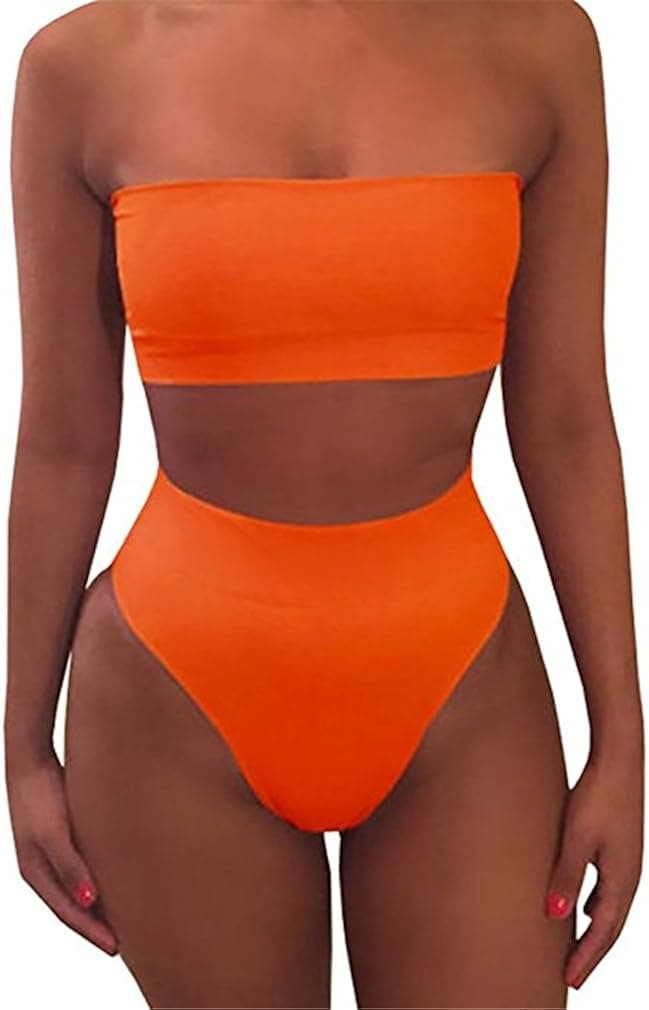 Huiyuzhi Women's Strap Wrap Tube Top High Waist Bikini Set Bathing Swimsuit Orange Medium