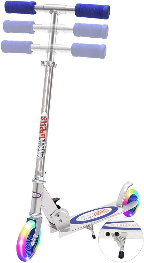 ChromeWheels Kick Scooter for Kids, Deluxe 2 Light Up Wheels 4 Adjustable Height with Kickstand, Best Gift for Age 5 up Kids Girls Boys, 132lb Weight Limit