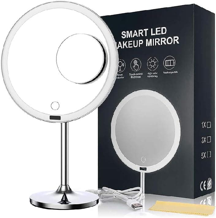 eLimko Lighted Makeup Mirror Large 8.5 Inch with 5X Small Magnifying Mirror Cosmetic LED Light Sensor Touch Screen Smart Adjustable Brightness USB Rechargeable Cordless Vanity Mirror