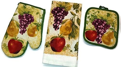 Fruit With Grapes Linen 3 Piece Bundle Package Oven Mitt (1) Pot Holder (1) Kitchen Towel (1) (#4323)