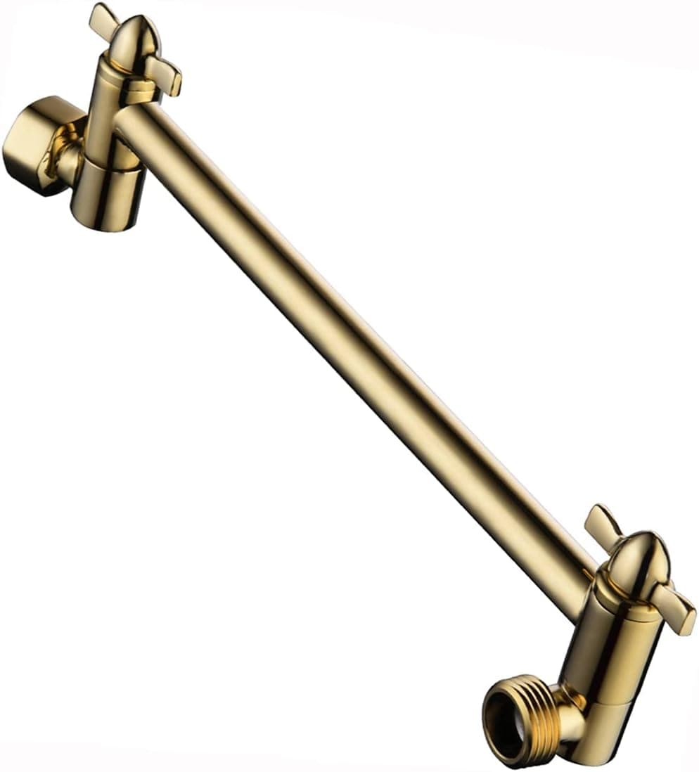 BRIGHT SHOWERS Brass Shower Head Extension Arm for Rain and Handheld Shower Head, 10 Inch Universal Shower Head Extender, Height & Angle Adjustable, Shining Gold