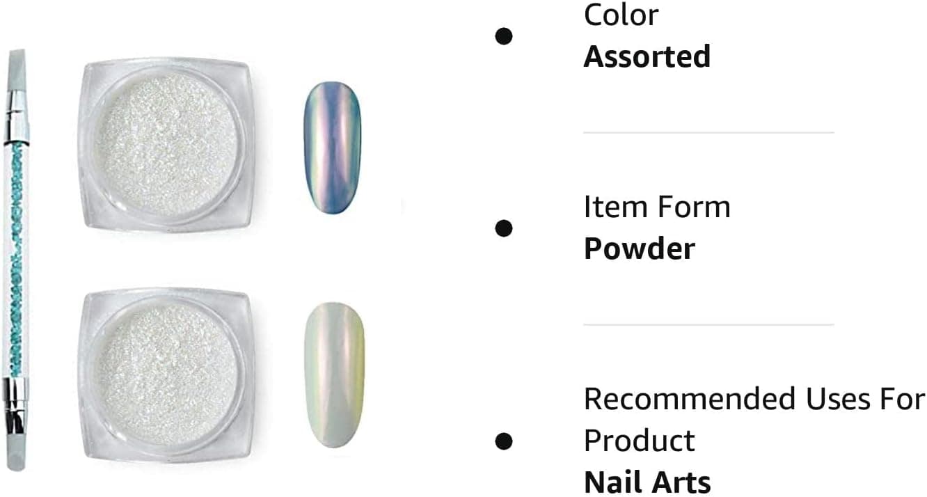 MEILINDS Chrome Nail Powder, Aurora Nail Powders Mermaid Nail Chrome Powder, Opal Iridescent Mica Powder for Nails, Magic White Chrome Nail Art Pigment with Silicone Brush (2 Boxes)