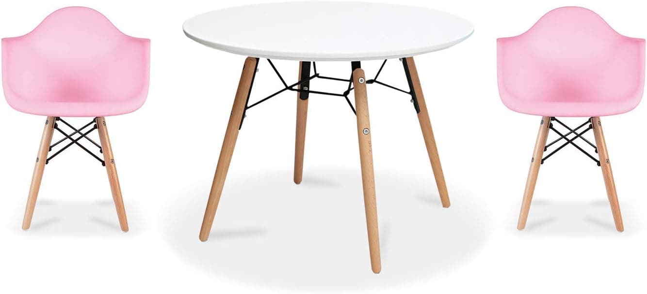 2xhome - Kids Size Plastic Toddler Armchairs with Natural Wooden Dowel Legs and White Round Table, Pink (3 Piece Set)