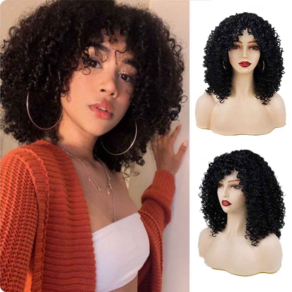 Short Curly Wigs for Black Women Black Color Afro Kinky Curly Wigs with Bangs Curly Wigs Soft and Fluffy Synthetic Fiber Hair Wig for Women