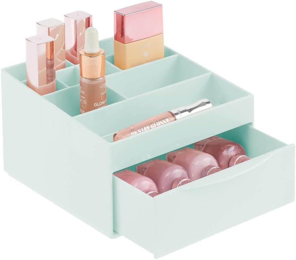 mDesign Cosmetic Drawer Organizer Plastic Tiered, Divided Makeup Organizer Storage Shelf and Display Box - 1 Drawer for Bathroom Vanity Countertop - Mint Green