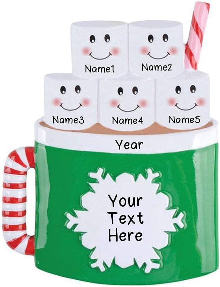 Marshmallow Mug Family Personalized Christmas Tree Ornament | Custom Writing Hot Chocolate Mug Family Personalized Family Ornaments (Family of 5)