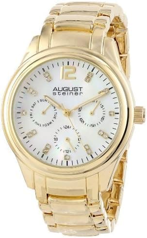 August Steiner Women's AS8076YG Quartz Multifunction Crystal Mother-of-Pearl Gold-tone Bracelet Watch
