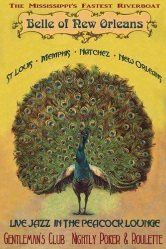 Belle Of New Orleans Blue Peacock Bird Live Jazz Nightly Poker Mississippi Riverboat 16" X 22" Image Size Vintage Poster Reproduction