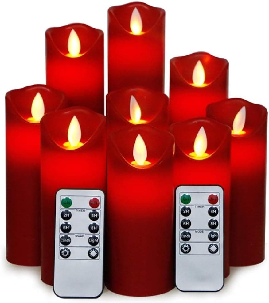 YAMATE Red Flameless Candles Battery Operated LED Candles Flickering Light Pillar Real Smooth Wax with Timer and 10-Key Remote for Wedding and Deco,Set of 9