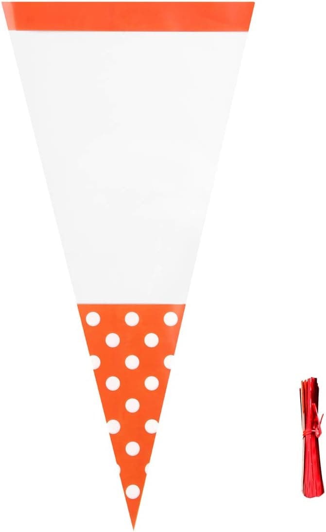 Halloween Clear Treat Bags OPP Plastic Bags Triangle Shape with Polka Dot Design for Cookie and Candy Buffet Supplies 90 Pieces Pack (Orange)