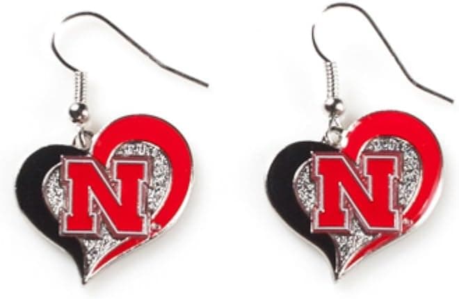 Licensed NCAA (HUSKERS) Nebraska Cornhuskers Collegiate Sports Team Logo Swirl Heart Shape Dangle Earring Set (Gift Box Included)