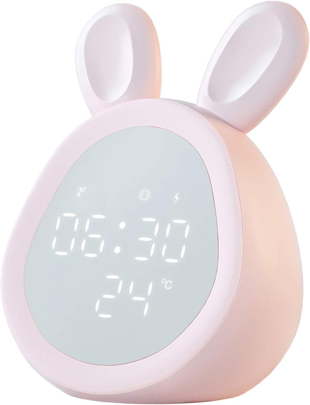 Cozy Villa Alarm Clocks for Bedrooms with Snooze and Night Lights, Rabbit Shaped Digital Alarm Clock, 3 Alarms with 6 Ringtones, Volume and Brightness Adjustable, Rechargeable, Pink