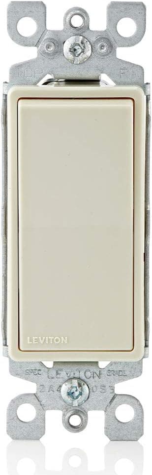 Leviton 5601-2T 15 Amp, 120/277 Volt, Decora Rocker Single-Pole AC Quiet Switch, Residential Grade, Grounding, Light Almond