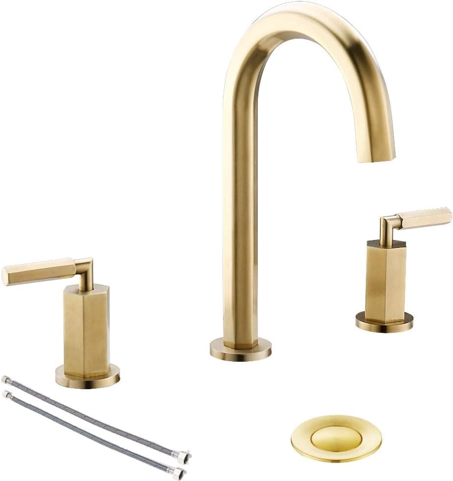 Brushed Gold 8 Inch 2 Handles 3 Holes Hexagonal Widespread Bathroom Faucet by phiestina, Bathroom Sink Faucet with Stainless Steel Metal Pop Up Drain,NS-WF001-6-BG
