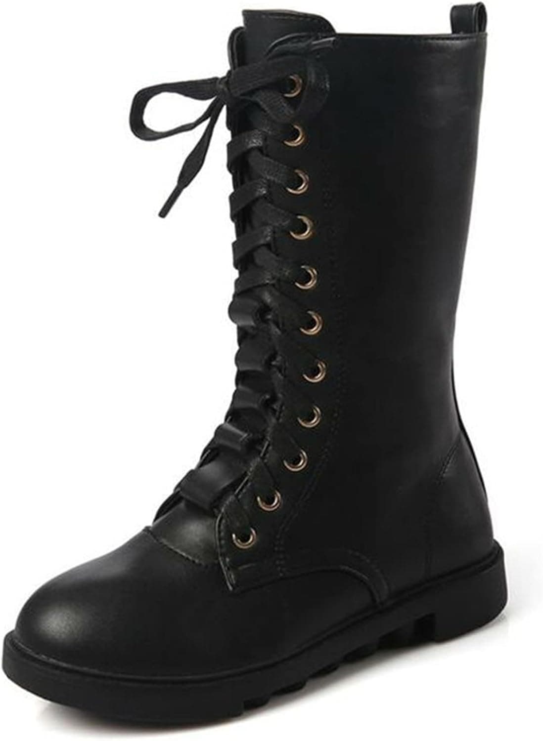 DADAWEN Kid's Girls Leather Lace-Up Zipper Mid Calf Combat Riding Winter Boots (Toddler/Little Kid/Big Kid)