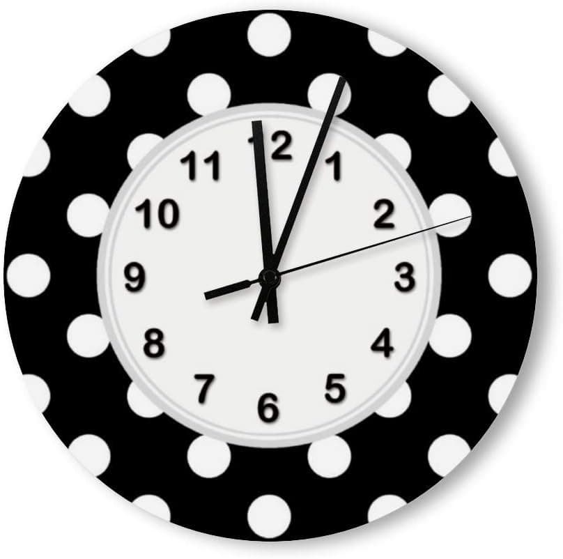 DoreenAbe Classic Wood Clock, Non Ticking Clock 12" Black White Large Polka Dot Pattern Wooden Decorative Round Wall Clock