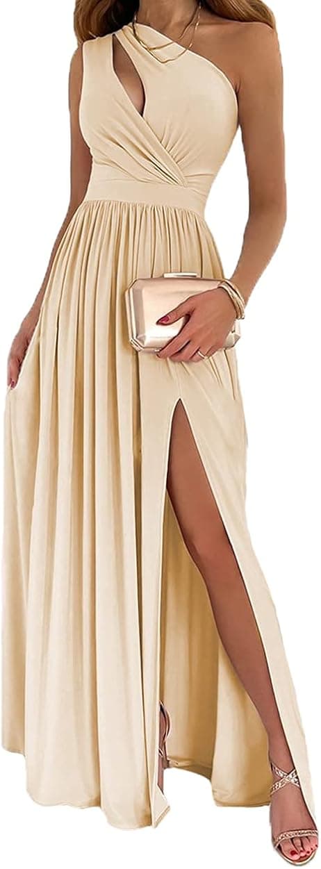 Wgooyheya Women One Shoulder Hollow Slit Long Dress Elegant Sleeveless High Waist Party Ruched Maxi Dress